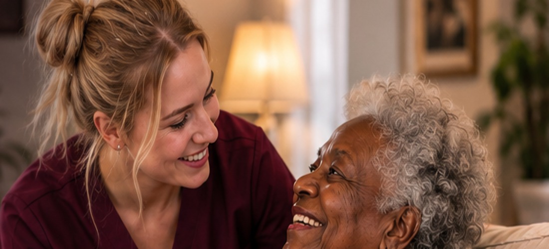 A white female caregiver smiling with an older woman at home